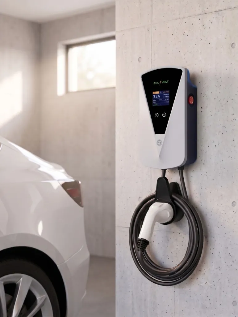 EcoVolt premium AC EV wall charger mounted on architectural concrete wall